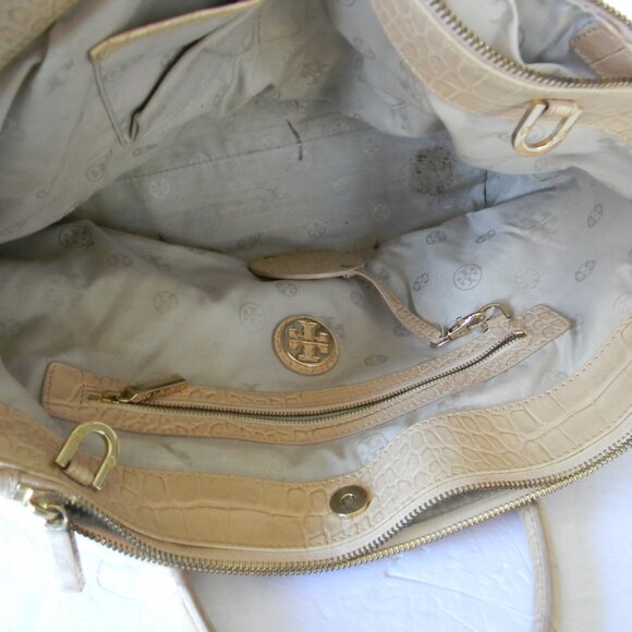TORY BURCH BEIGE CROC EMBOSSED LEATHER SATCHEL TOTE TRIPLE COMPARTMENT - Picture 8 of 10